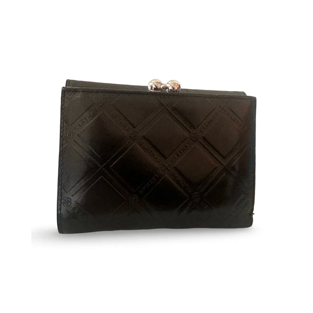 Authentic CLATHAS Black Quilted Leather Wallet with Camellia Emblem – Excellent